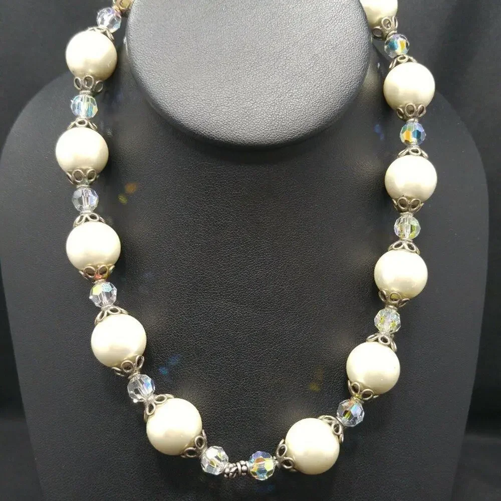 Vintage Glass Pearls Crystal Beaded Necklace, Silver Clasp, Strung on Wire, 17